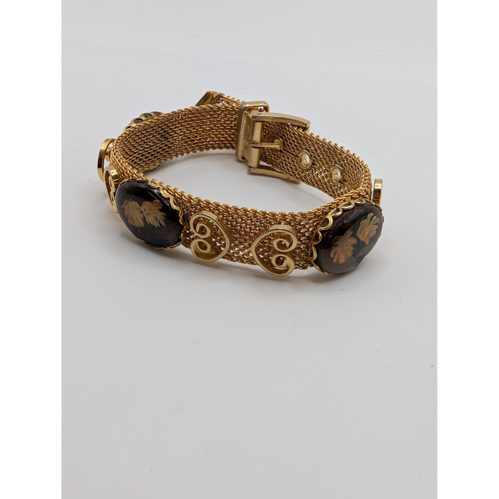 Vintage Gold Tone Mesh Belt Buckle Bracelet Floral Cabochon Filigree Adjustable